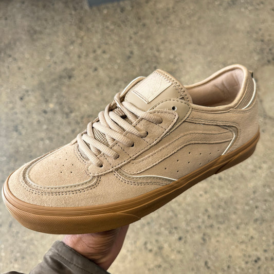 side view of suede and gum outsole skateboard shoe