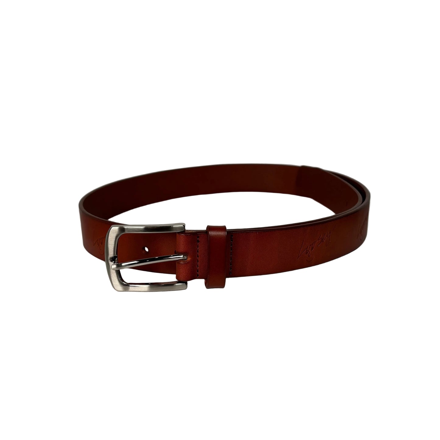 Brown leather belt with silver buckle on a white background