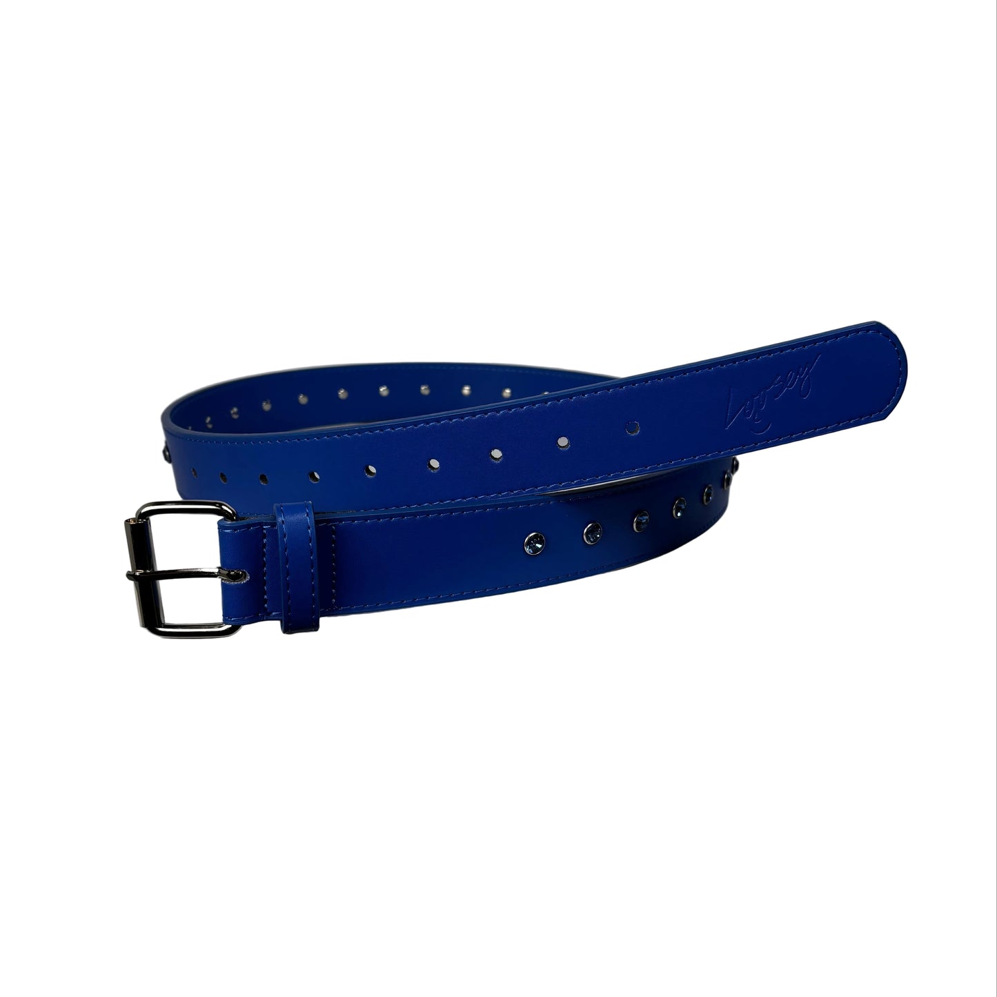 Blue rhinestone belt with a silver buckle on a white background