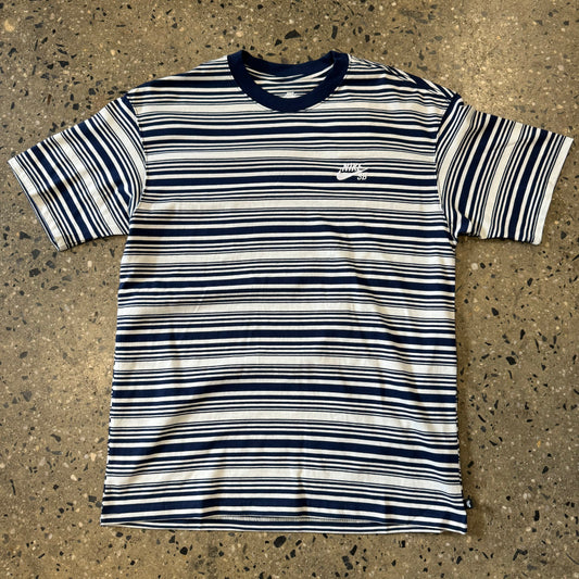 white and navy stripe T-shirt with white logo