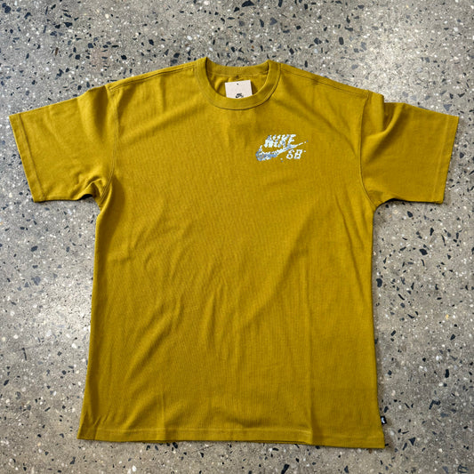 brown T-shirt with white and grey color logo