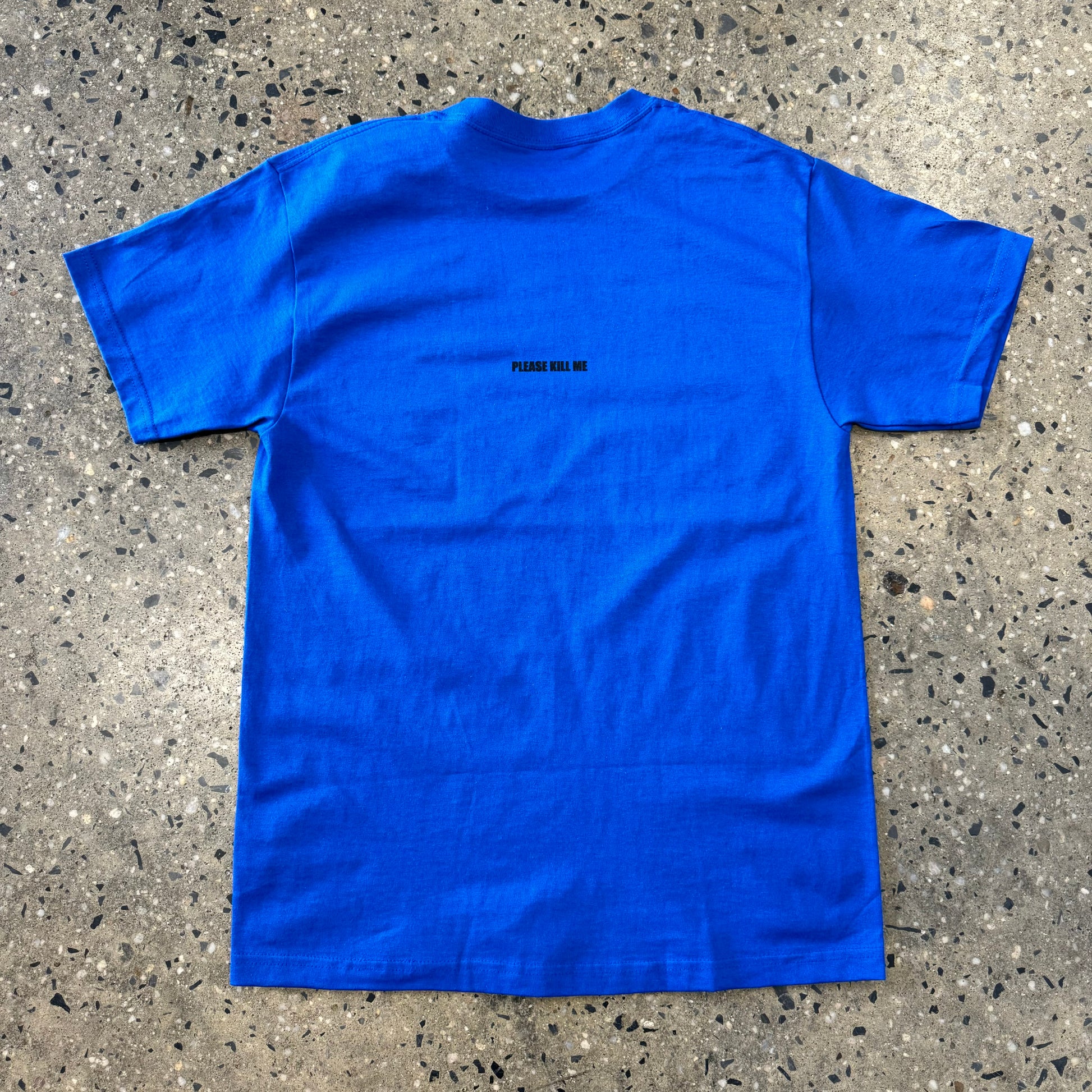 back view of blue T-shirt with logo