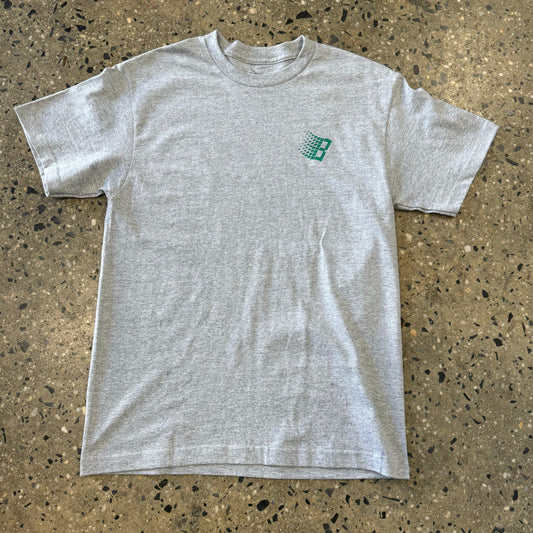 heather grey T-shirt with small green Bronze logo, front view