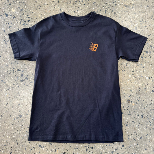 black T-shirt with small orange Bronze logo, front view
