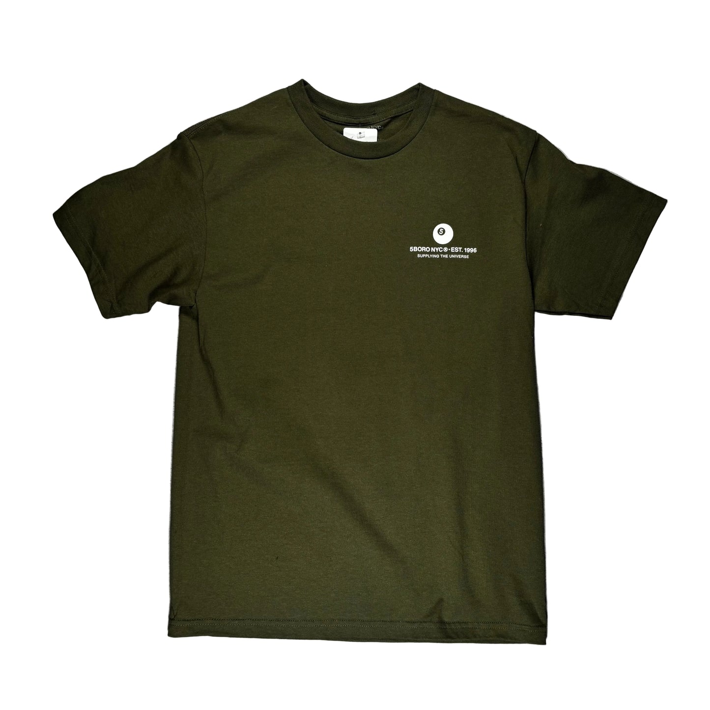 Green t-shirt with a small white logo on a white surface