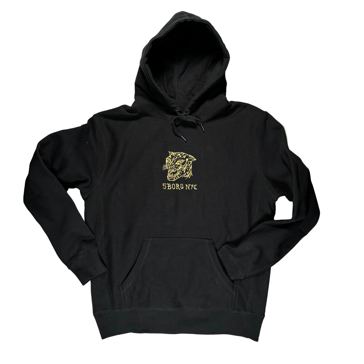 front view of demon cat graphic printed in center chest of hoodie