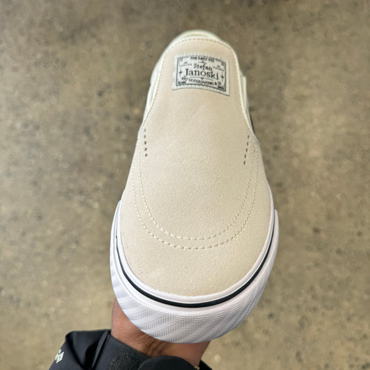 top down view of white suede slip on skate sneaker