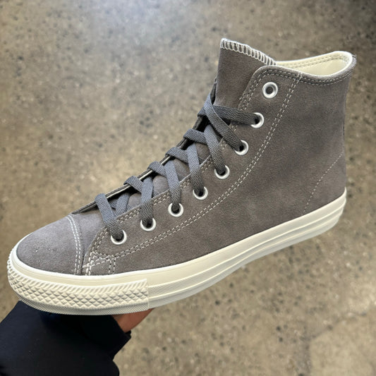 grey suede hi top with white sole, side view