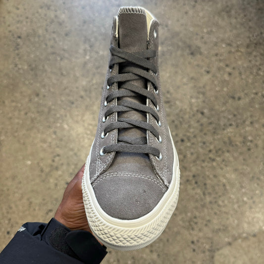 grey suede hi top with white sole, front view