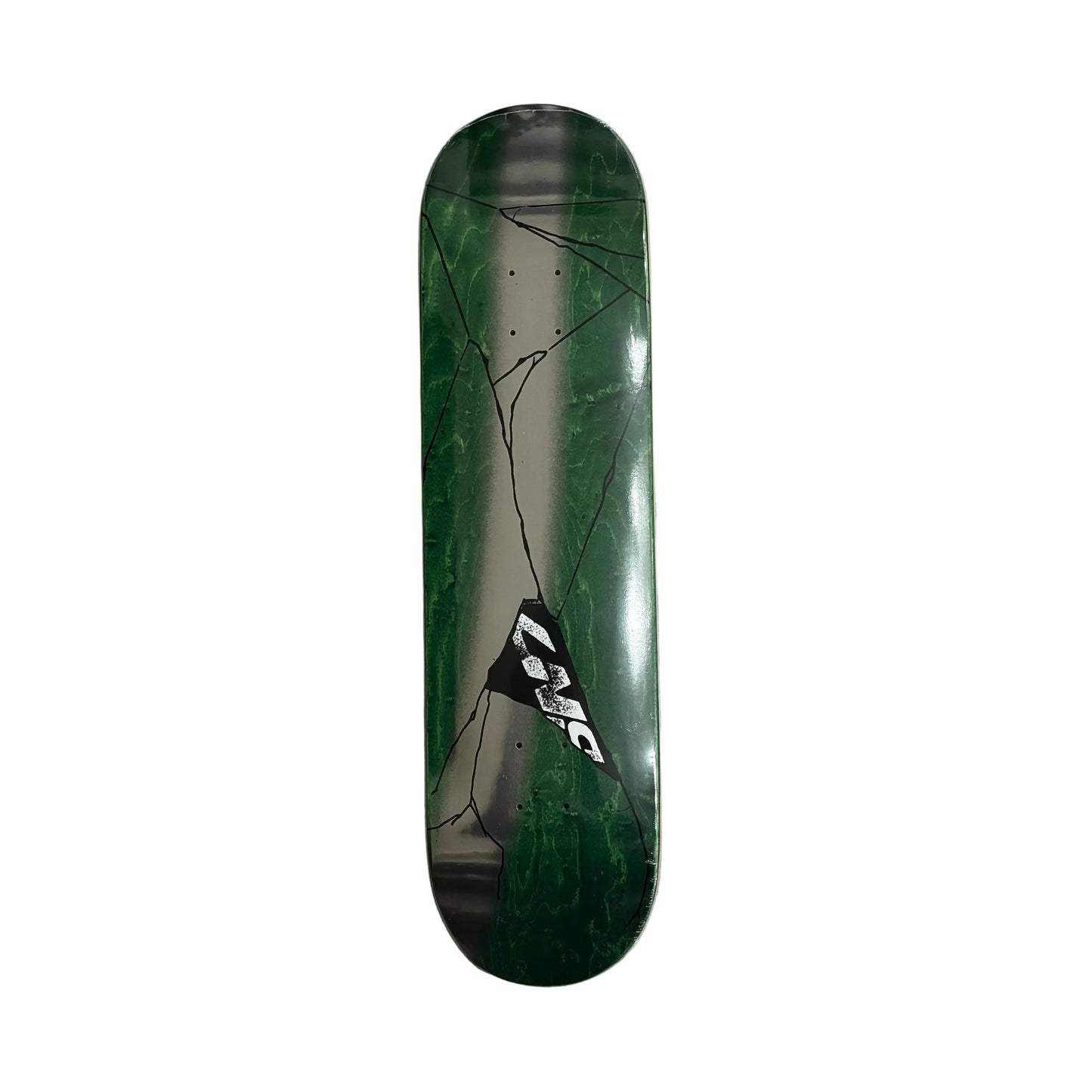 Green and black skateboard deck with a logo on a white surface
