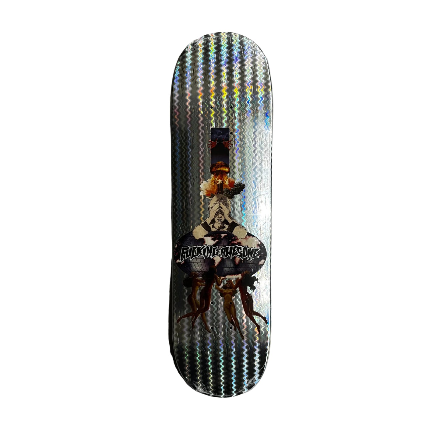 Skateboard deck with a colorful hologram design on a white surface
