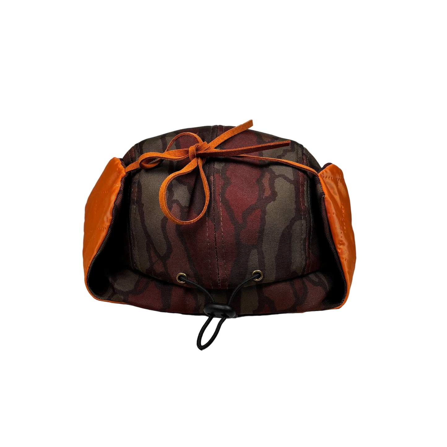 rear view of camo earflap cap with a camouflage pattern on a white background