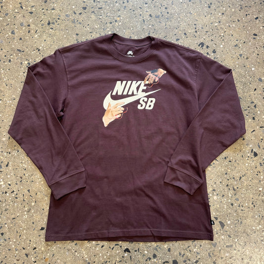 two hands and logo on brown long sleeve T-shirt