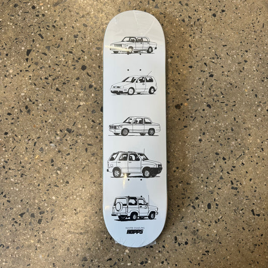 hand drawn cars on white skate deck