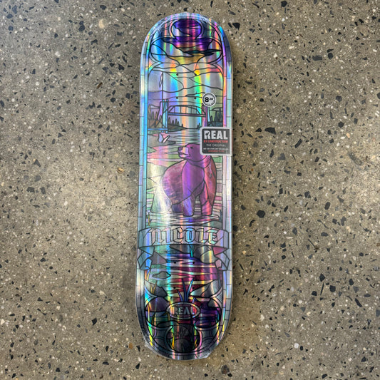 rainbow hologram bear design on skate deck