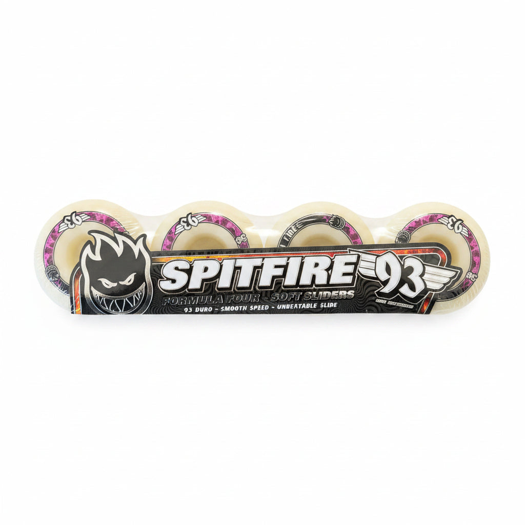 A set of four Spitfire Radial F4 wheels laid out on a white surface, with the brand logo and the number 93 visible on the packaging.
