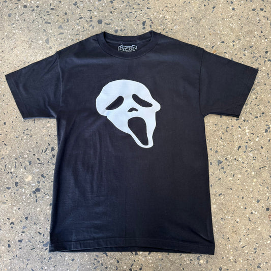 white mask printed on black t-shirt