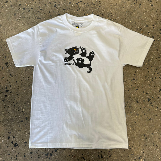Black and white kitty graphic printed on white t-shirt