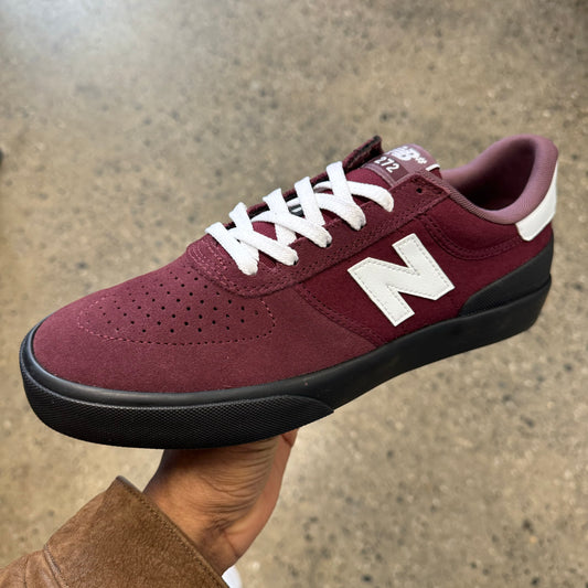 burgundy suede sneaker with white N and black sole, side view
