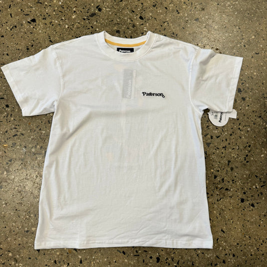 white T-shirt with small Patterson logo on chest, front view