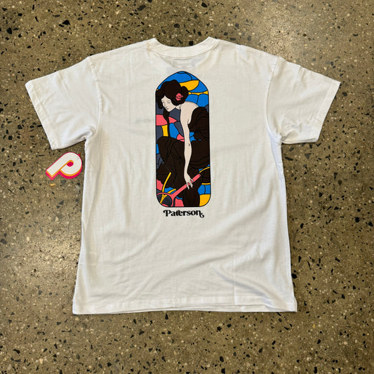 multi color lady with tennis racket on white T-shirt, back view