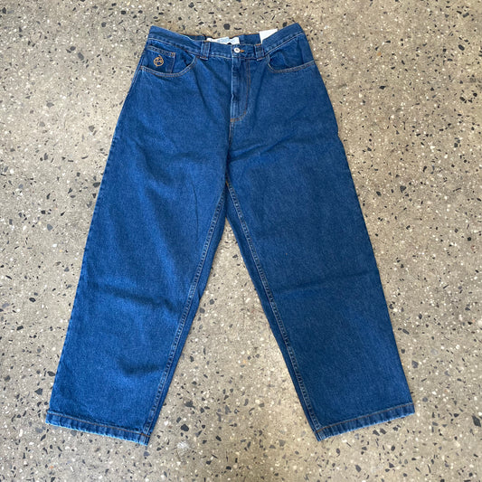 dark blue denim jeans, front view