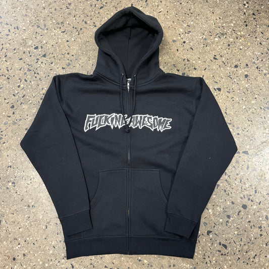 black and white FA logo on black zip up hoodie