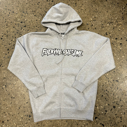 white and black FA logo on heather grey zip up hoodie