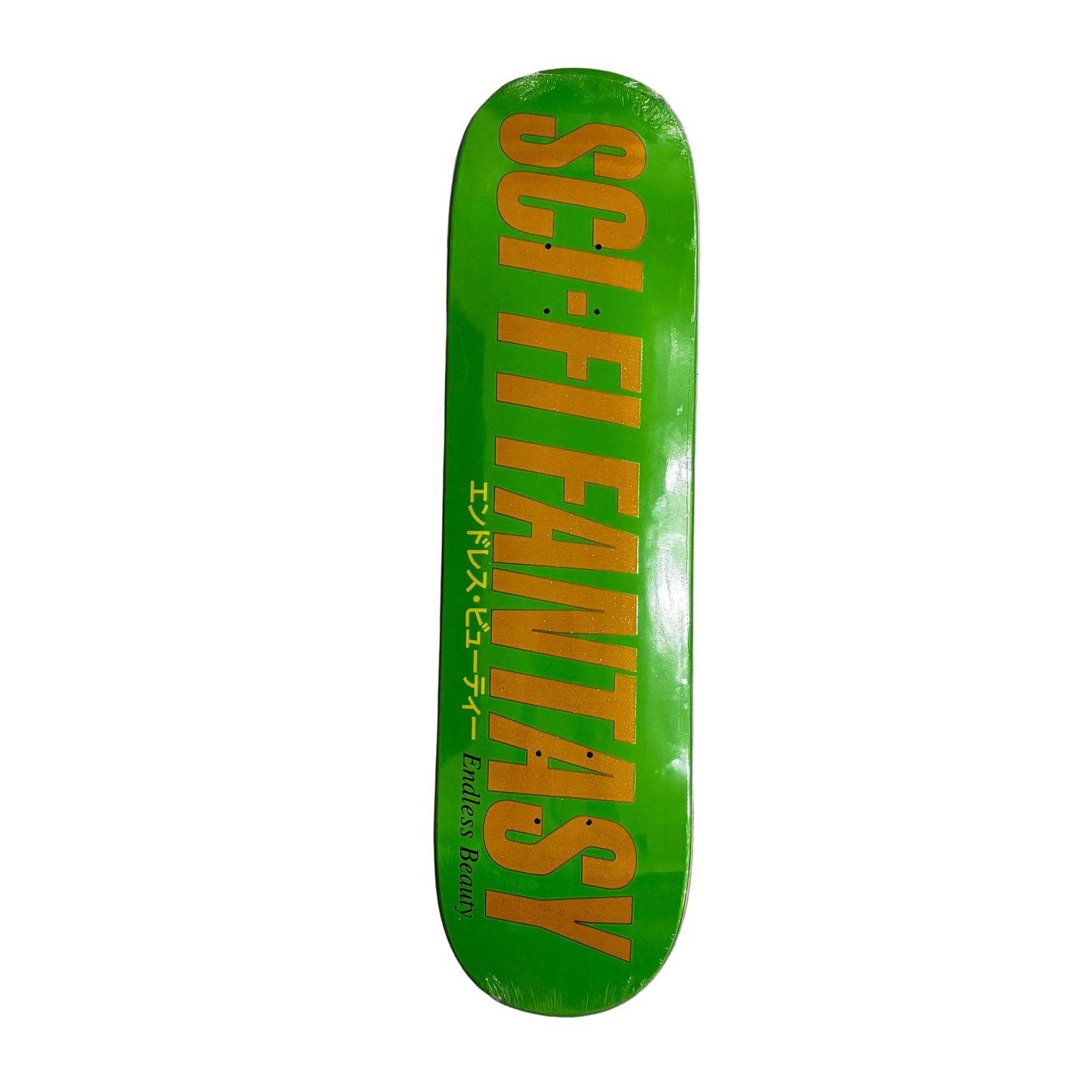 Green skateboard deck with 'Sci-Fi Fantasy' text on a white background