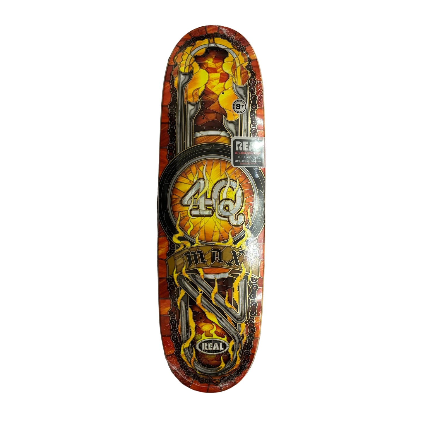 football shaped Skateboard deck with vibrant graphics on a white surface