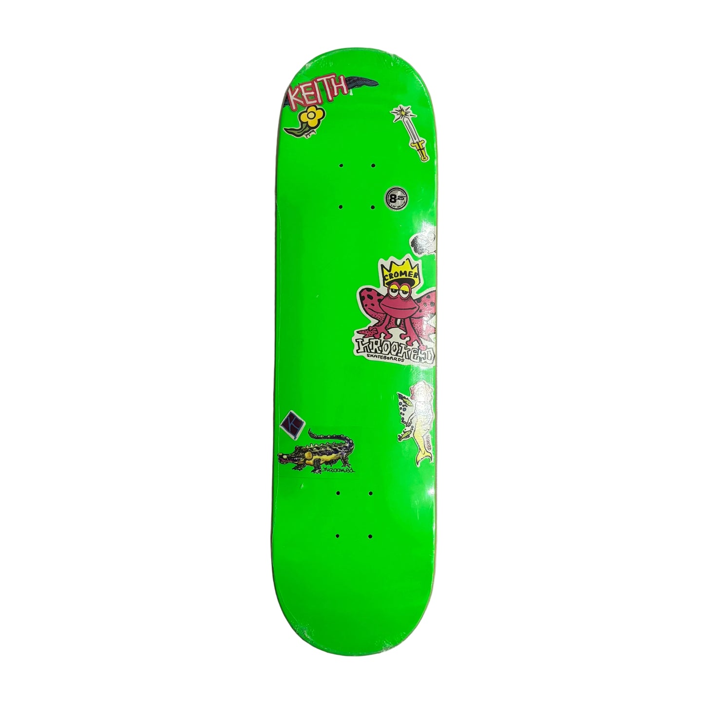 Green skateboard deck with colorful graphics on a white surface