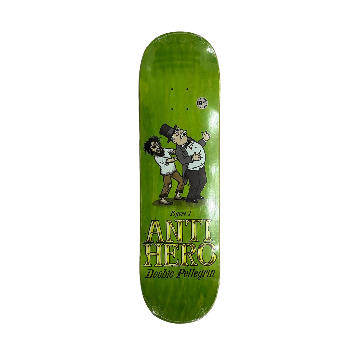 Green skateboard deck with a graphic design on a white surface