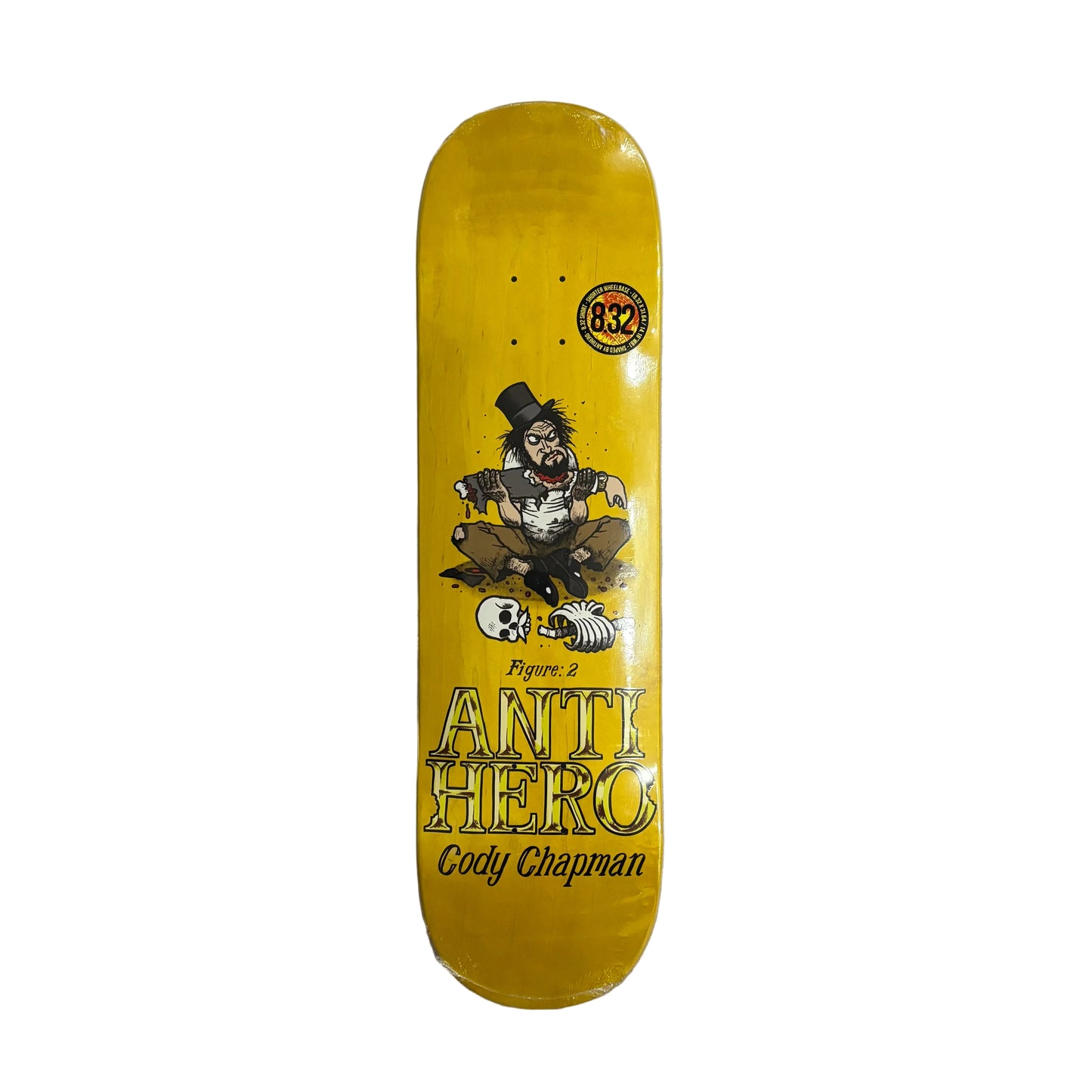 Yellow skateboard deck with 'Anti Hero' and 'Cody Chapman' branding on a white surface.