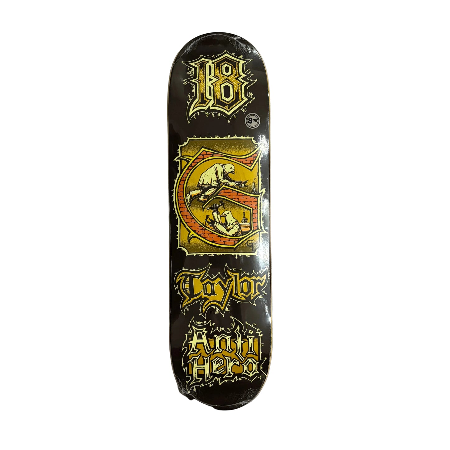 Skateboard deck with graphics and text on a white surface