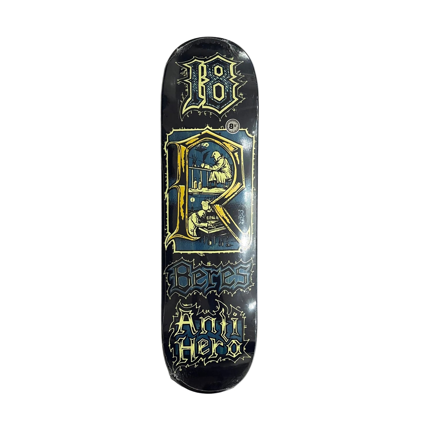 Skateboard deck with 'Anti Hero' and '18' design on a white background