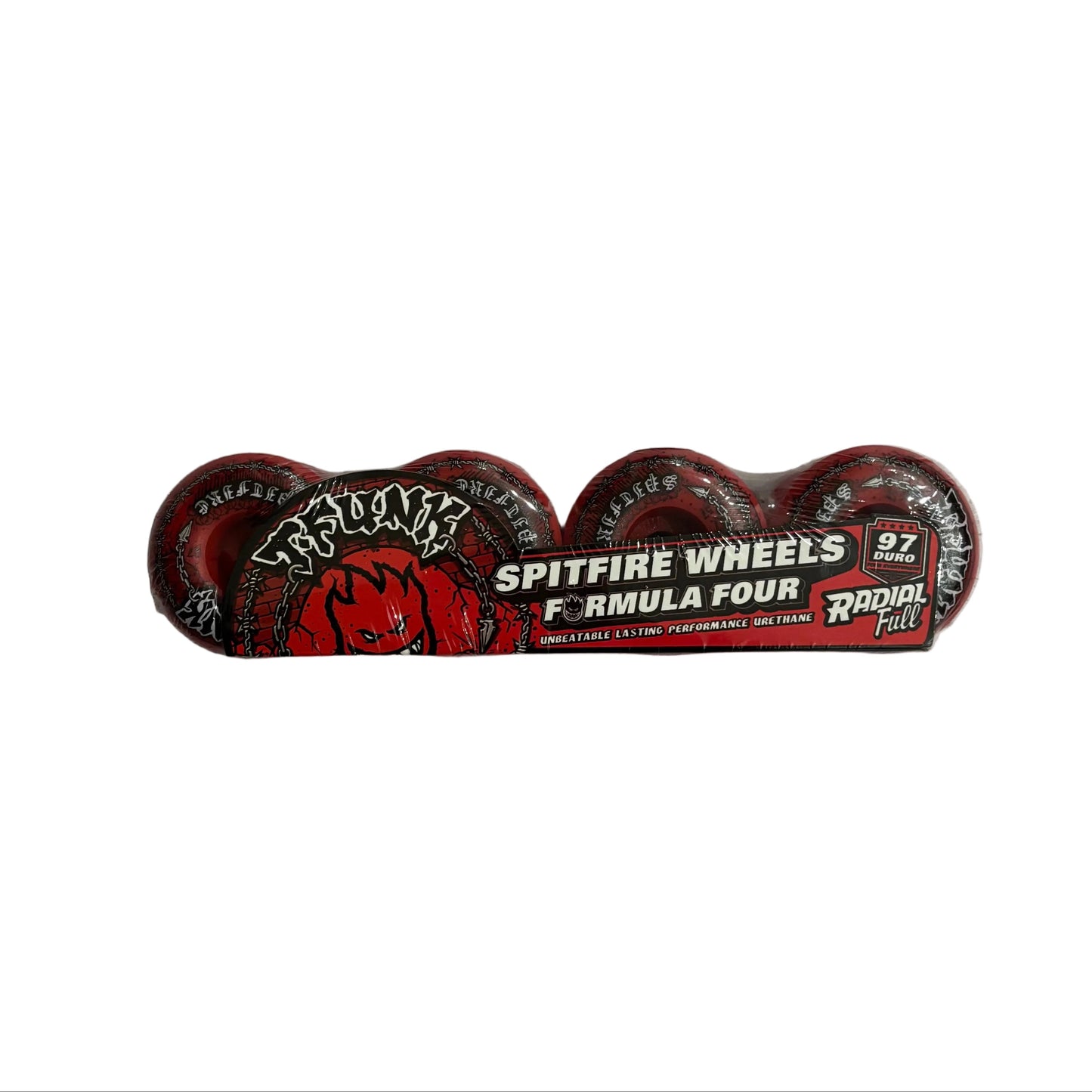 t-funk pro red colored Spitfire Wheels Formula Four skateboard wheels on a white background