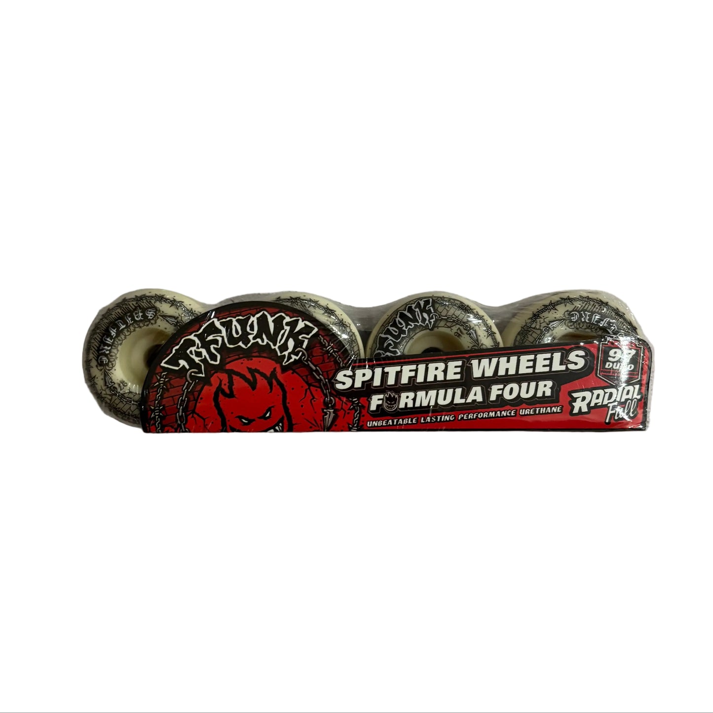 T-funk pro skateboard wheels with silver and black design on a white surface