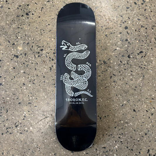 black skateboard with snake graphic and white text