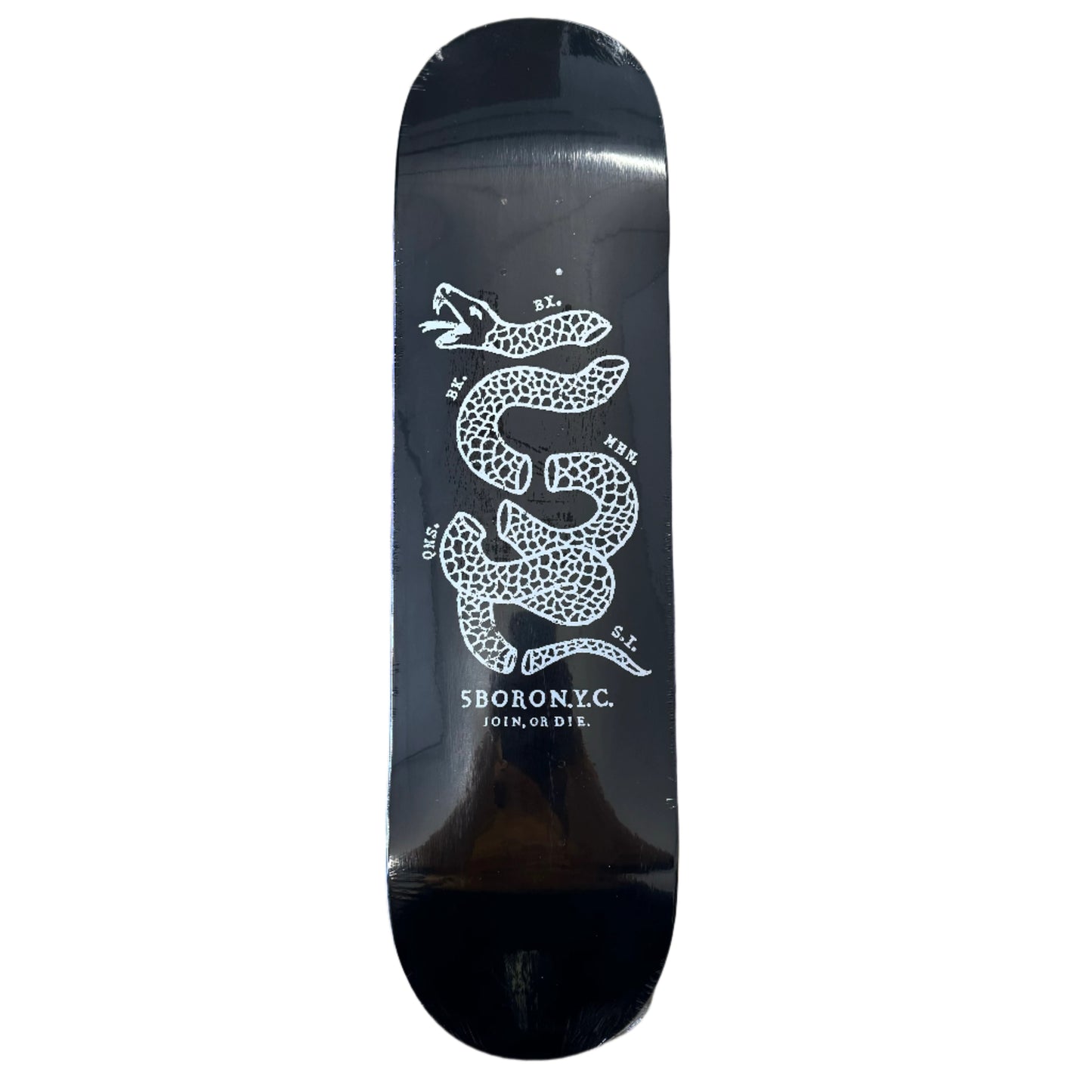 black skateboard with snake graphic and white text