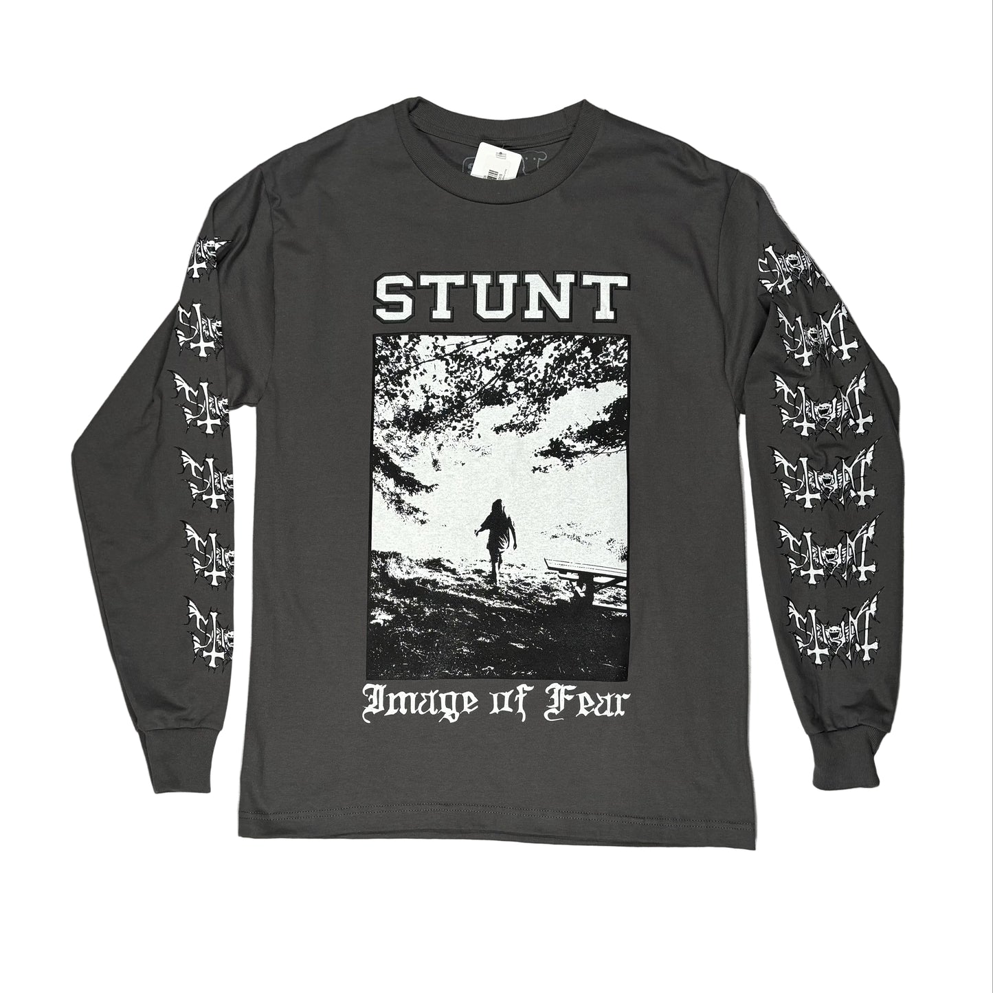 grey stunt longsleeve t-shirt with graphics on the sleeves