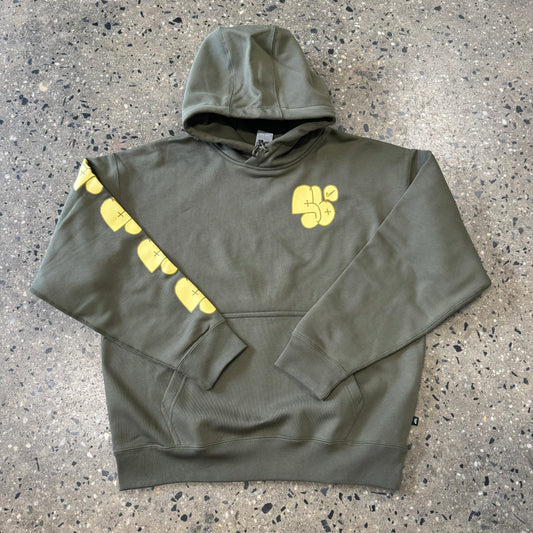 olive hoodie with yellow logo