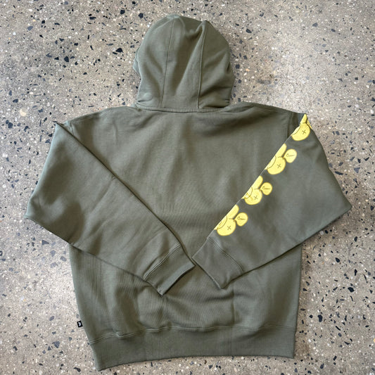 rear view of olive pullover hoodie with yellow graf style logo