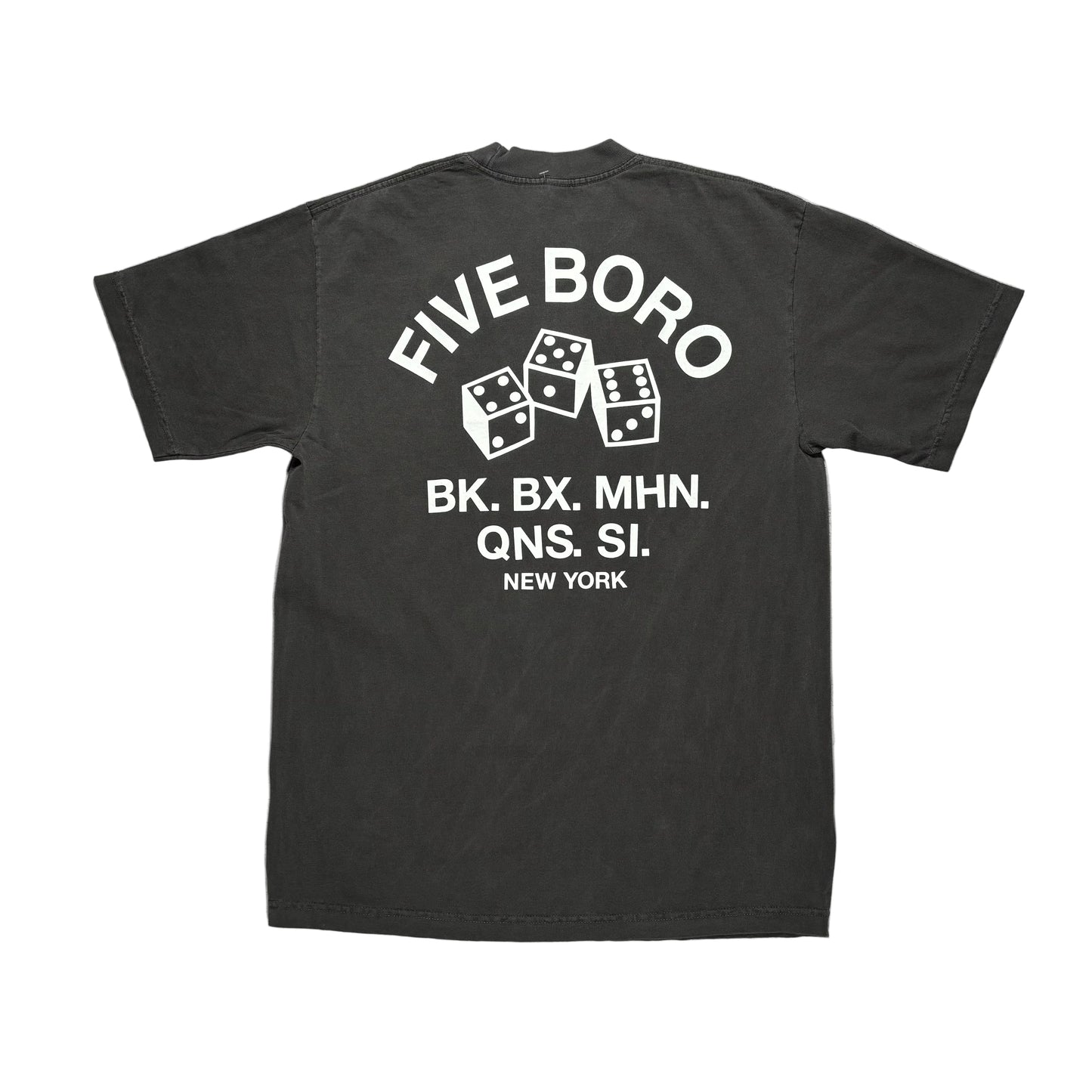Black t-shirt with 'Five Boro' text and dice graphics on a white background