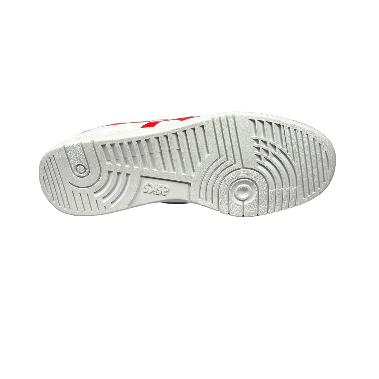 White sneaker sole with red accents on a white background