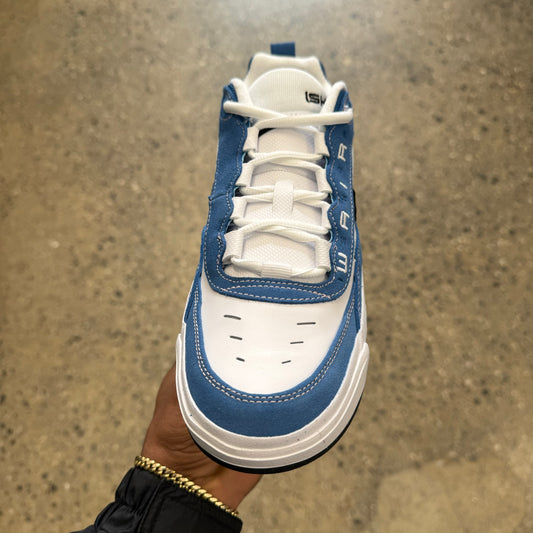 side view of white and blue suede and leather skateboard sneaker