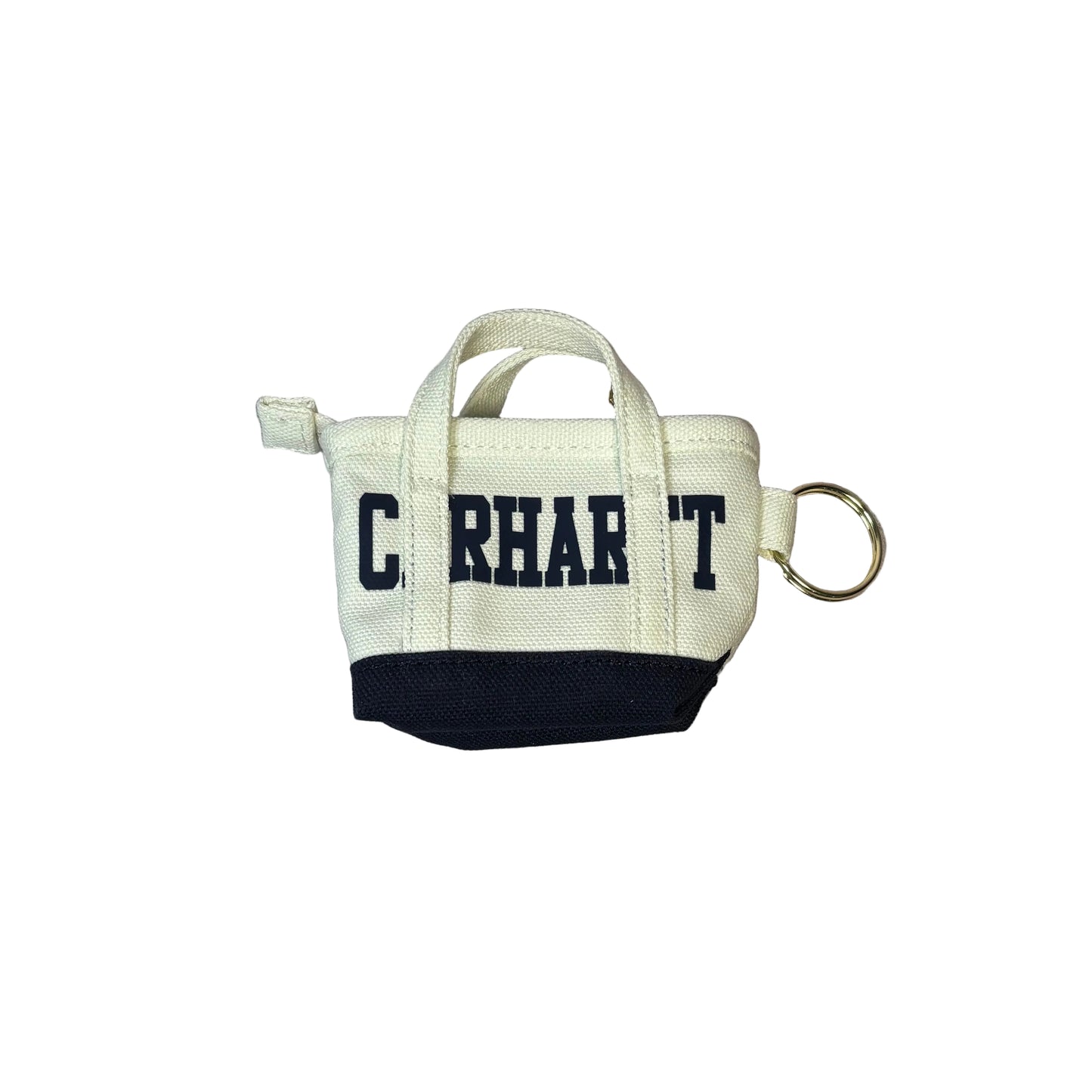 Small bag keychain with 'Carhartt' branding on a white surface