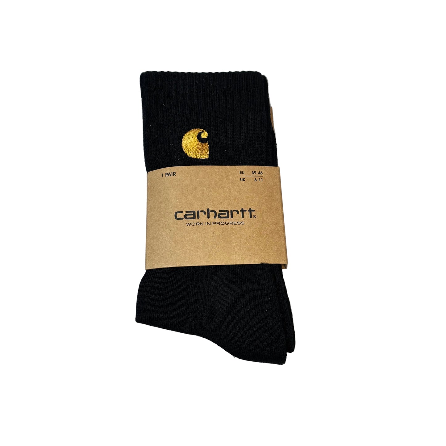 Black sock with Carhartt label on a white background