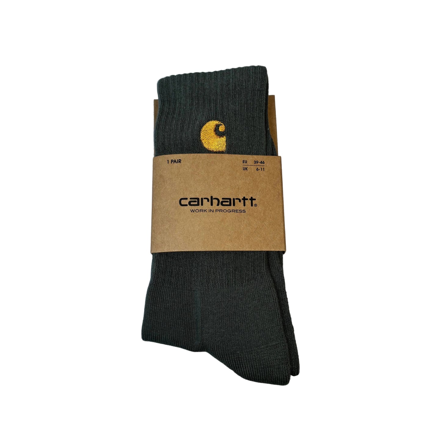 Dark gray socks with Carhartt branding on a cardboard label against a white background