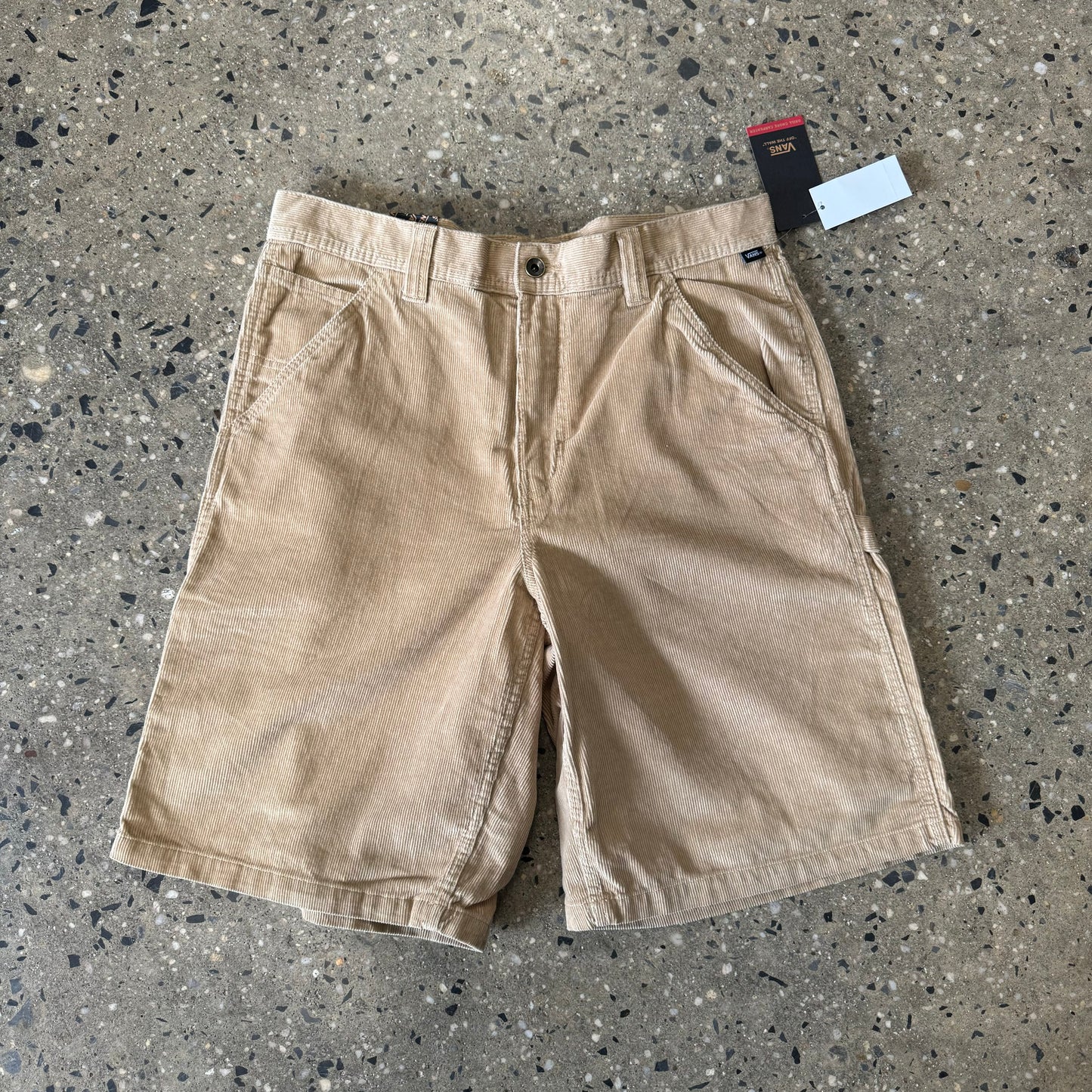 front view of tan corduroy shorts