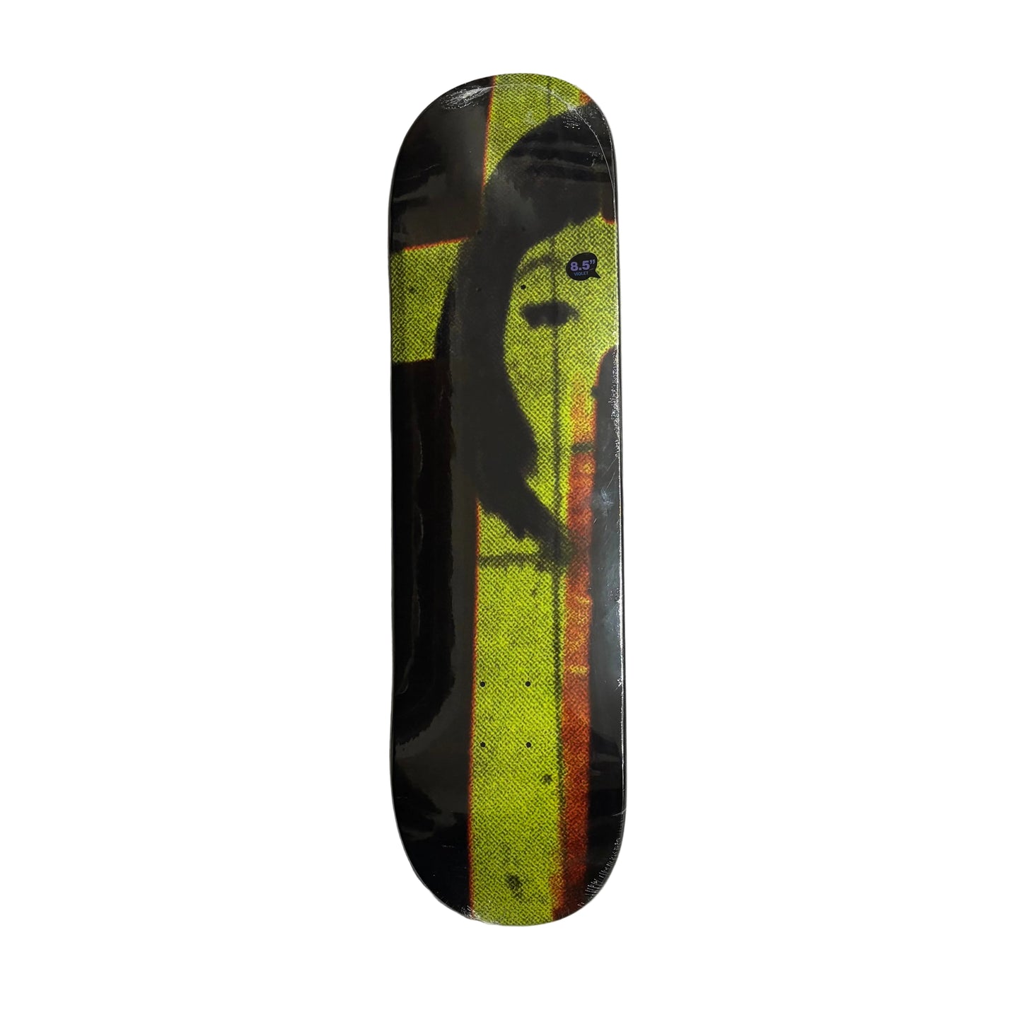 Skateboard deck with a black, yellow, and red design on a white surface.